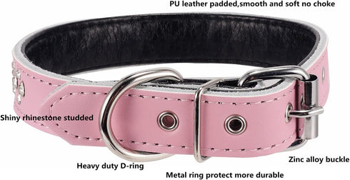 Rhinestones Pet Dog Collars Adjustable Sparkly Crystal Studded Genuine Leather Pet Collar for Small and Medium Dog 1" Wide