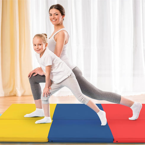 6 2 2 GYMAX Folding Gymnastics Mat, Tri-fold x x Exercise Mat with Carrying Handles, Waterproof PU Leather, Hook & Loop