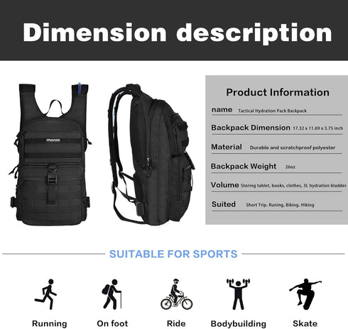 MOSISO Tactical Hydration Pack Backpack, Lightweight Military Daypack with 3L Water Bladder