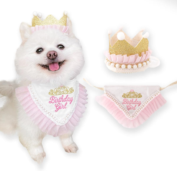 Girl Dog Birthday Hat Bandana Kit, Princess Decorations with Crown for Cats and Dogs, 1st Birthday Gift (PinkGold).
