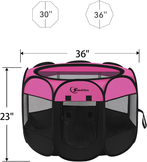 Dog Playpen, Indoor Puppy Pet Playpen for Medium Dogs, Portable Pop Up Kennel with Carrying Case, Hot Pink
