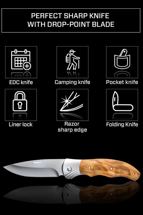 Gentleman’s Folding Pocket Knife - Sharp Blade with Wood Handle - Best Camping, Hunting EDC Gear - Birthday Christmas