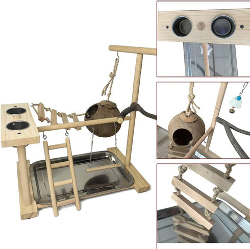 Hamiledyi Parrot Playground Bird Play Stand Natural Wood Parrot Perch Gym with Feeder Cups Cockatiel Nest with Ladder