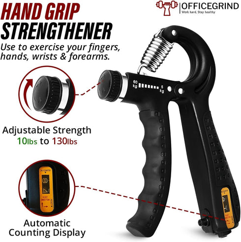 Hand Grip Strengthener Trainer with Adjustable Resistance 10-130lbs (4.5-59kg), Forearm Hand Grip Strength Exerciser for Muscle Building, Injury Recovery, and Therapy Stress Relief by OFFICE GRIND