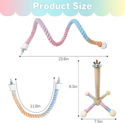 Set BNOSDM Bird Rope Perch with Stand Perch Toy Bendable Rope Perches Wooden Spinning Exercise Wheel Toy Parrot Cage