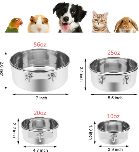 Wontee Stainless Steel Pet Food Water Bowl with Clamp Holder, 2 Packs Feeder for Dog, Bird, Parrot, Cat, Rabbit (L)