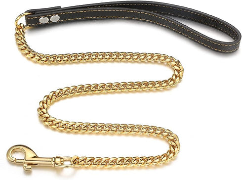 Gold Dog Chain Leash, Stainless Steel Metal Chain, 10mm/14mm Curb Cuban Link, 3FT 4FT 5FT with Genuine Leather Handle