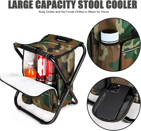 YESIACE Backpack Portable Hiking Camouflage Camping Stool, Folding Camping Chair Stool with Cooler Insulated Picnic Bag