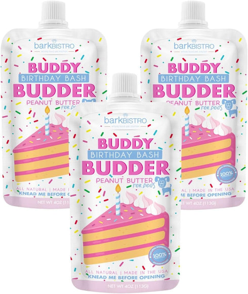 BUDDY BUDDER 3 Pack Birthday Bash Squeeze Packs - 100% Natural Dog Peanut Butter, Made in USA (4oz)