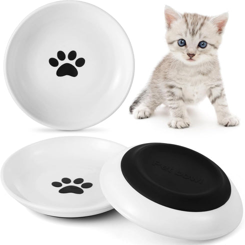Dorakitten Ceramic Cat Bowls, 3 Packs, No Whisker Fatigue Wide Shallow Cat Dishes with Non-Slip Silicone Bottom