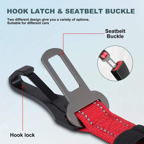 IOKHEIRA 3-in-1 Dog Seat Belt, Adjustable Safety Car Harness, Durable Nylon Reflective Bungee Tether with Clip Hook