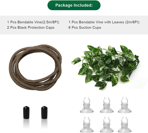 Coolrunner 8FT Reptile Vines and Flexible Leaves with Suction Cups Jungle Climber Habitat Decor for Lizards, Gecko