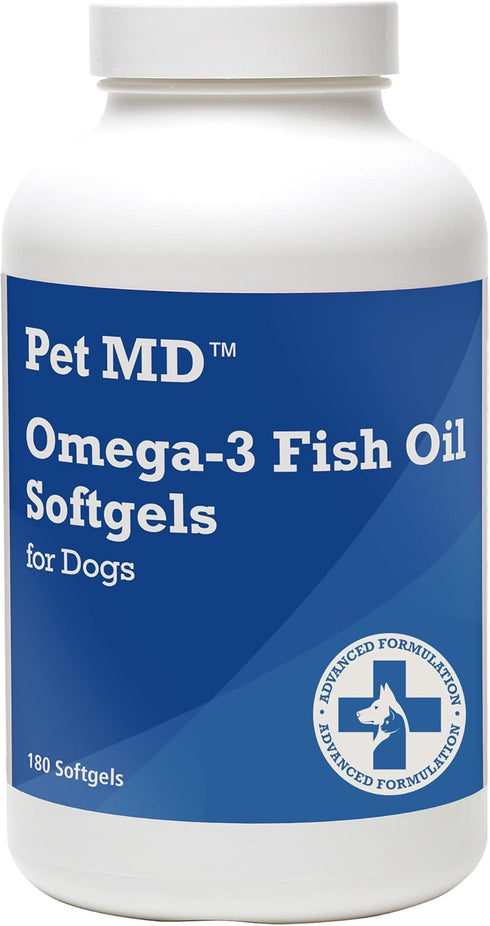 Pet MD Omega 3 Fish Oil Supplement for Dogs - 180 Softgels for Skin and Coat Support