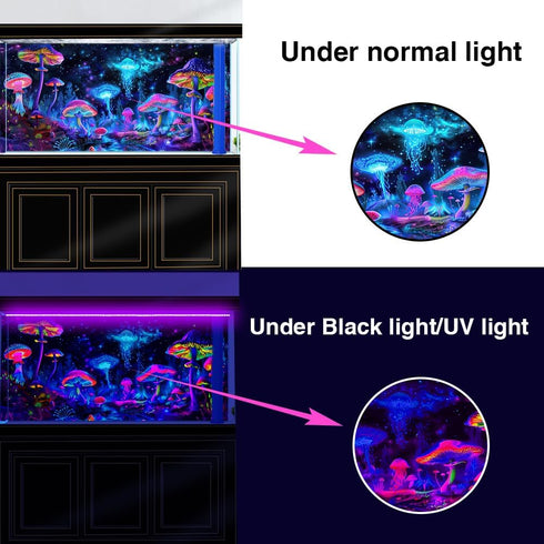 72X24IN Blacklight Mushroom Jellyfish Aquarium Background, UV Reactive Starry Sky Terrarium Background.