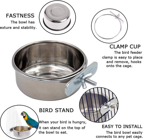 Tfwadmx Bird Feeding Dish Cups, 2PCS Clamp Holder for Parrot Food Bowl, Bird Cage Water Bowl
