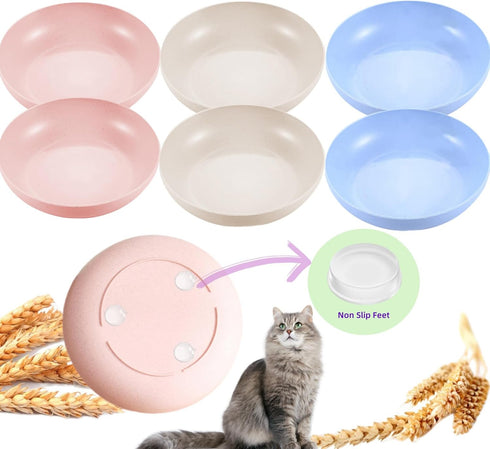 6-Pack Cat Food Bowls with Non-Slip Feet, Whisker Fatigue Dishes for Indoor Cats, 5.5" Flat Plates