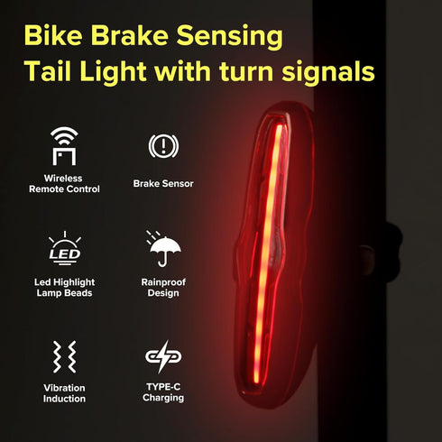 Smart Bicycle Brake Tail Light with Vibration Sensing, Wireless Remote Turn Signals, USB-C Rechargeable Rear Lights