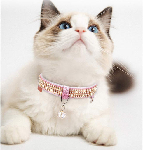 PetsHome Bling Rhinestones Cat Collar, Premium PU Leather with Pendant Adjustable Collars for Big Cat and Small to