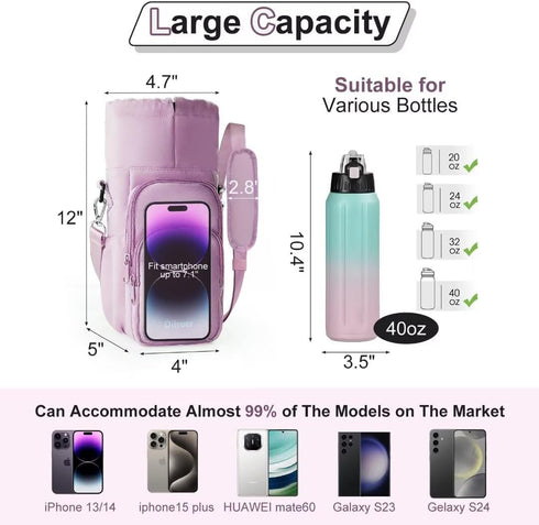 4 24oz/32oz/40oz Water Bottle Holder with Strap, Big Pockets with Compartment, Crossbody Water Bottle Carrier Bag