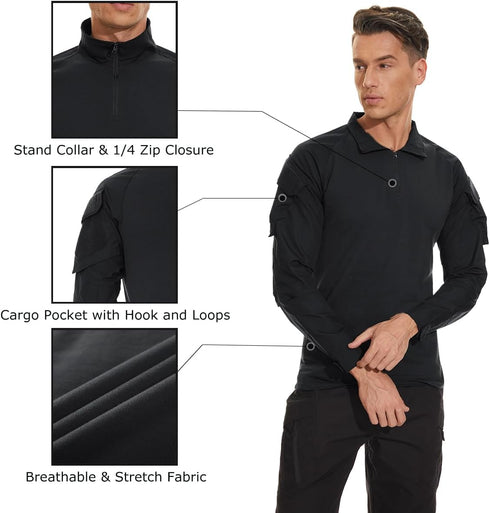 TACVASEN Men's Long Sleeve 1/4 Zip Tactical Military Shirt Windproof Hiking Pullover with Pockets