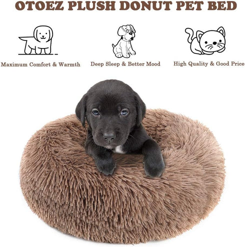 otoez Kitten Puppy Bed, Extra Small Round Dog Cat Beds, Anti-Anxiety Plush Calming Donut Bed, Washable (15.7", Khaki)