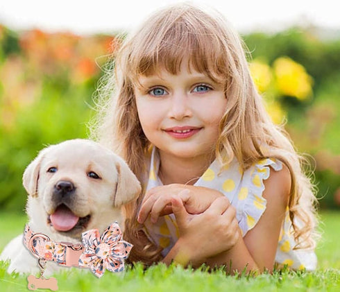 Cute Girl Dog Collar and Leash Set - Adjustable Floral Collar with Flower Bowtie and Metal Buckle for Small Medium