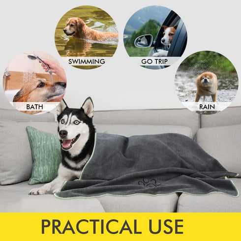 KinHwa Dog Towel, Super Absorbent Microfiber Drying Towel for All Dogs and Cats, 30inch x 50inch Gray with Embroidered
