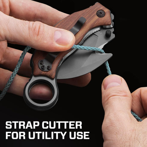 Pocket Karambit Knife with Wood Handle Clip, 440C Steel Sharp Raptor Claw Blade for Camping EDC