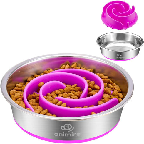 2-in-1 Metal Dog Bowl with Slow Feeder Insert, Stainless Steel Food Grade 304 Bowl with Anti-Slip Base for Small &