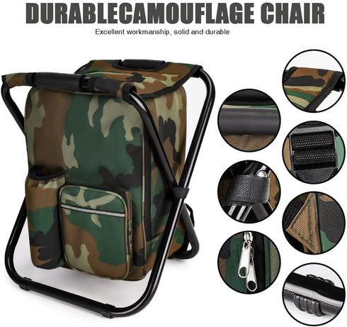 YESIACE Backpack Portable Hiking Camouflage Camping Stool, Folding Camping Chair Stool with Cooler Insulated Picnic Bag