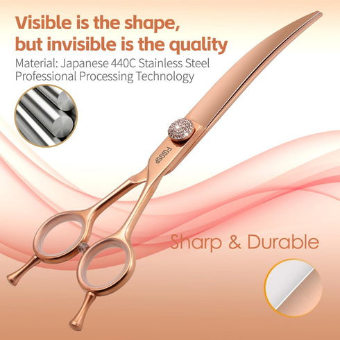 Rose Gold Titanium Curved Dog Grooming Scissors 7'' - Downward 30°, Professional Pet Trimming Shears