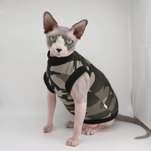 Sphynx Hairless Cat Summer Cotton T-Shirts, Round Collar Vest for Cats & Small Dogs (Medium, Black Camo)