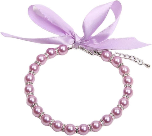 Dog Cat Pearls Necklace Collar with Bling Accessories and Ribbon Bow, Pet Jewelry for Female Dogs Cats, Small Medium