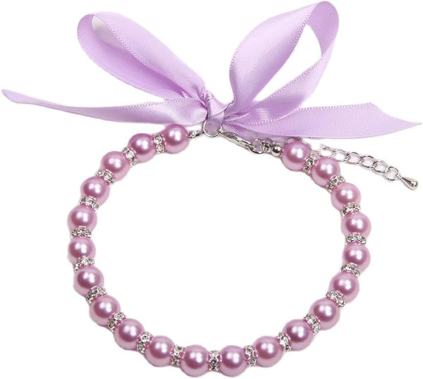 Dog Cat Pearls Necklace Collar with Bling Accessories and Ribbon Bow, Pet Jewelry for Female Dogs Cats, Small Medium