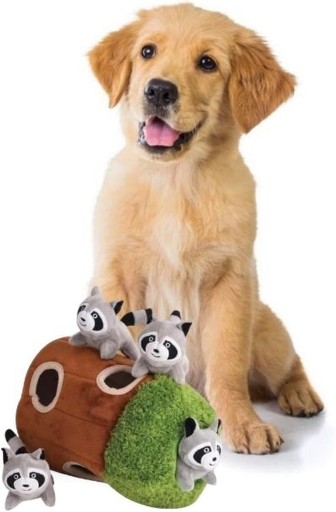 4 Glow Pups Hide and Seek Dog Toy, Interactive Plush Raccoon in Tree Burrow, Squeaky Woodland Style Dog Toys for Small