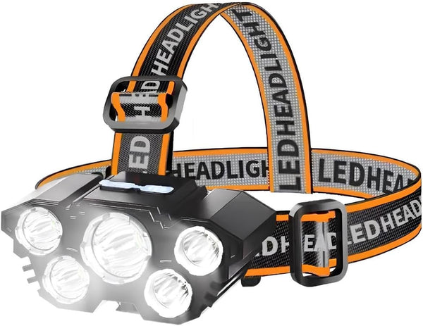 LED Headlamp, 5 Lights String Lighting, Rechargeable with USB, Adjustable 180 Degrees, 4 Modes, Waterproof for Camping