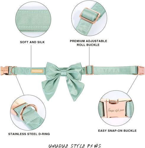 Unique Style Paws Silk Green Dog Collar, Adjustable Durable Collar with Bowtie for Medium Dogs