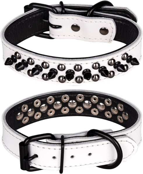 Adjustable Genuine Leather Spiked Studded Dog Collars for Small Medium Large Pets (S, White1)