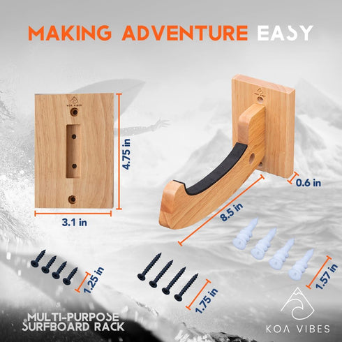 Wood Surfboard Wall Mount and Snowboard Wall Mount, Versatile Heavy Duty Holder, Extra Hole to Hang Accessories