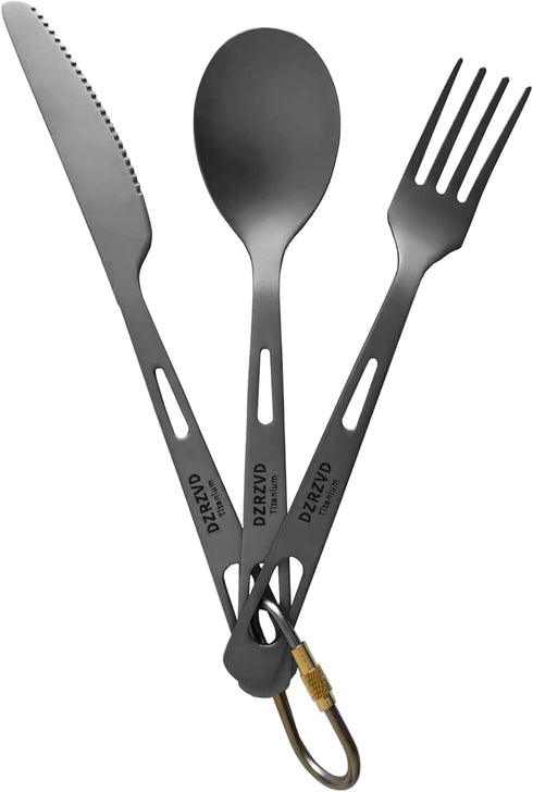 Titanium Utensils Set, Ultra-light Spoon Fork Knife with Carabiner for Camping and Travel