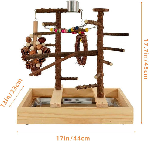 vibriskape Bird Playground, Natural Wood Bird Play Stand with Stand Perch, Swing, Toy, Two Food Cups, and Removable