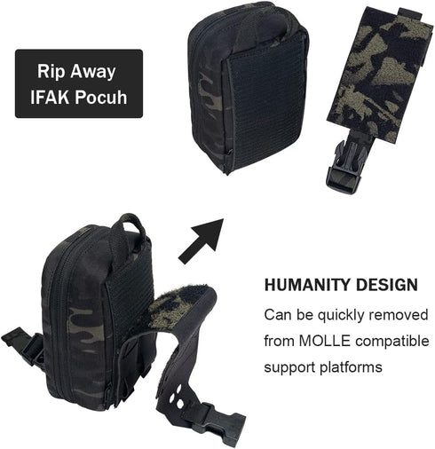 Removable Tactical Medical Pouch, Rip-Away MOLLE IFAK Pouch for Camping Hunting, 500D Nylon (Multi-camo Black)