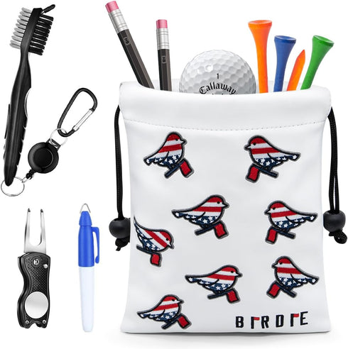 Leather Golf Valuables Pouch with Drawstring Closure, Portable Golf Ball Tee Handbag