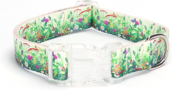 Floral Print Dog Collar for Small Medium Large Dogs, Soft Nylon Comfortable Durable with Quick Release Buckle (M, Grass)