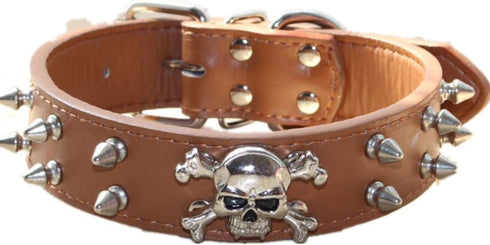 Spiked Leather Dog Collar, 2 Rows Bullet Rivets Studded PU Leather for Medium & Large Dogs (L, Brown)