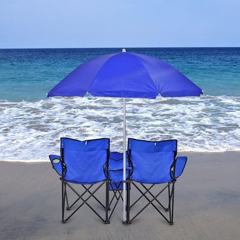 2 Flexzion Double Folding Beach Chair with Umbrella Table Cooler and Bag, Portable Compact Folding Chair, Person