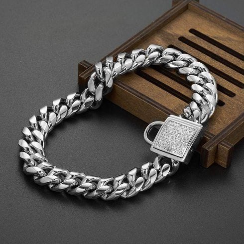 Pet Dog Collar, Top Stainless Steel Dog Chain Training Collar, 14mm Silver Tone Cuban Curb Chain with White Zirconia