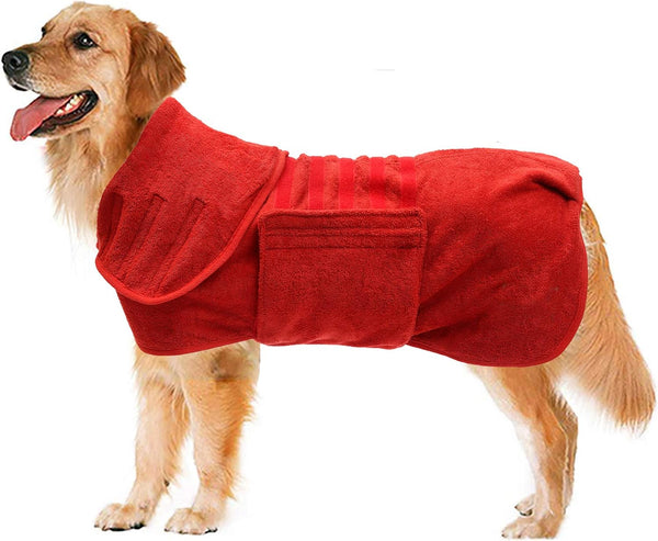 Geyecete Dog Drying Coat, Fast Dry Dog Bathrobe Towel, Microfibre Super Absorbent Pet Robe Towel, Luxuriously Soft-Red
