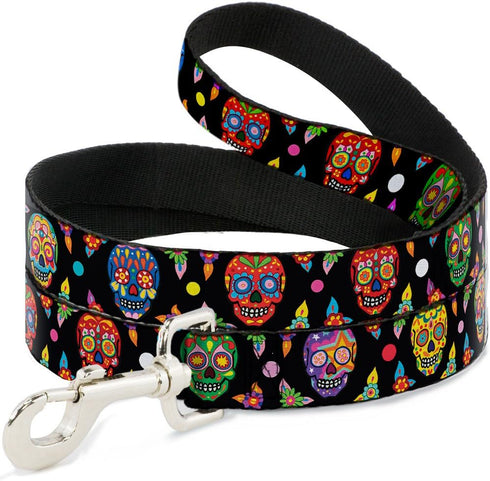 Buckle-Down Pet Leash - Colorful Calaveras Black/Multi Color, 4 Feet Long