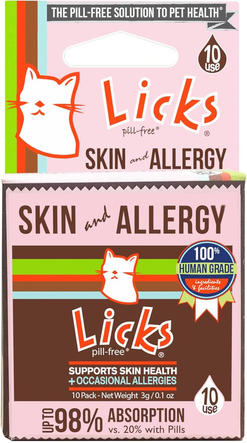 Licks Pill-Free Cat Skin & Allergy Relief, Omega 3 Vitamins & Supplements for Itchy Skin, Turmeric Gel Packets, 10 Use